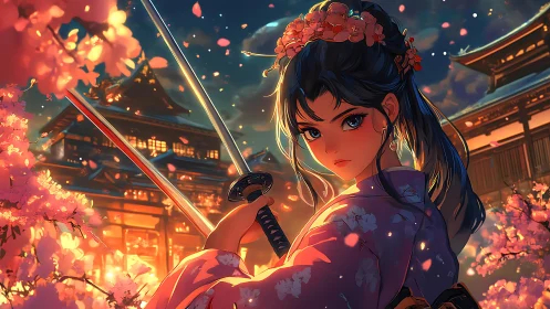 Samurai girl in kimono with swords under cherry blossoms.