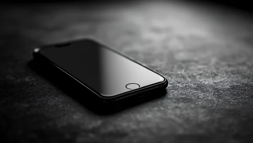 Black smartphone on textured gray surface with shallow depth of field.