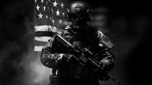 Heavily armed tactical soldier before American flag.