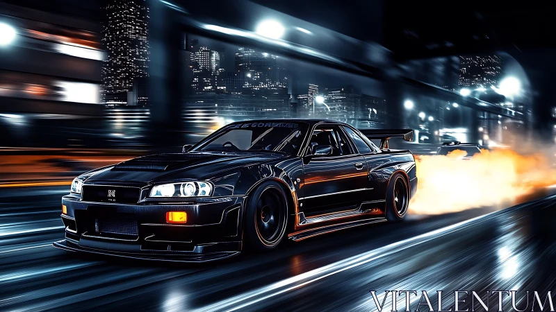 Midnight highway drift with tuned black Skyline GT-R R34