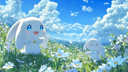 Cloud-bright bunnies trade daisy secrets in a skywide meadow
