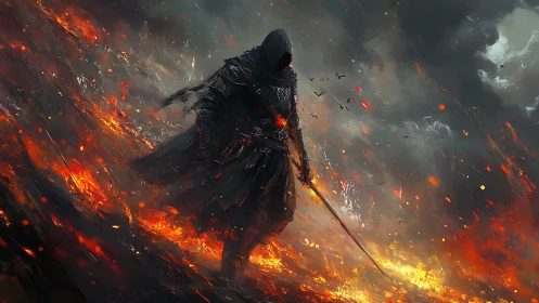 Volcanic battlefield wraith in ember-saturated armor stride.