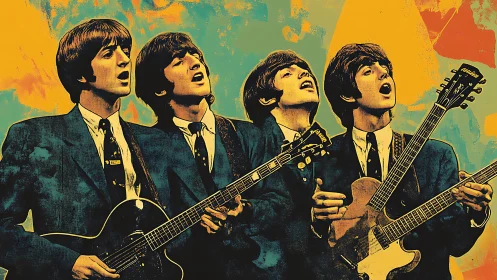 Four suited guitarists sing under vivid abstract backdrop