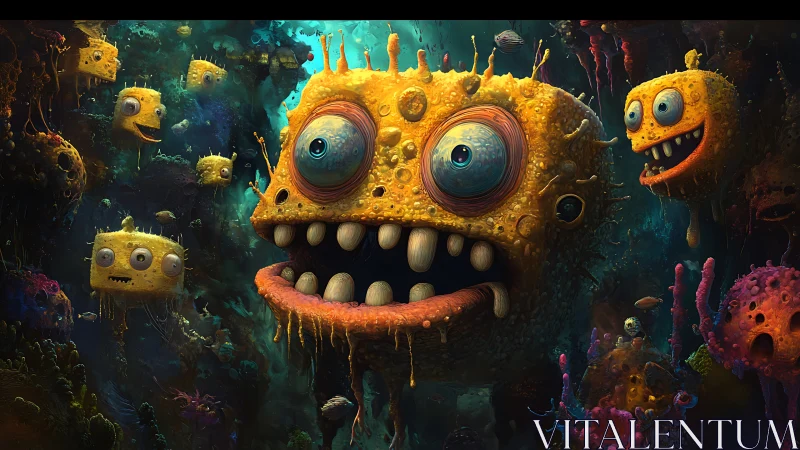 Cheerful underwater monsters share a goofy, wide-eyed grin