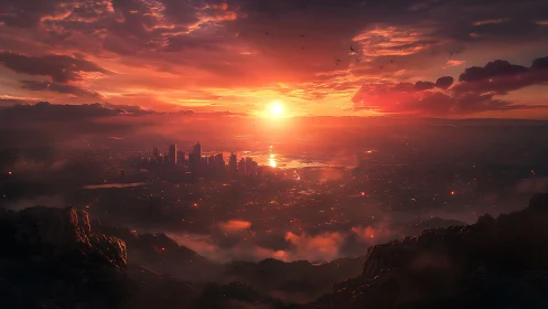 Glowing city skyline embraced by a breathtaking sunset sky.