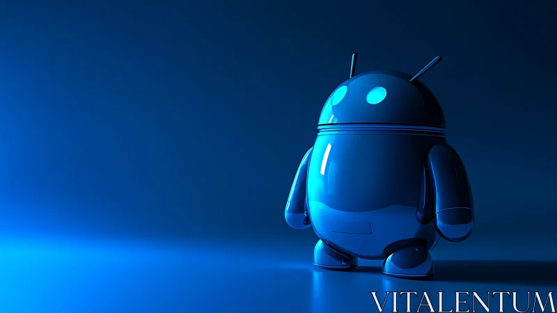 Glossy blue robot mascot on gradient background.