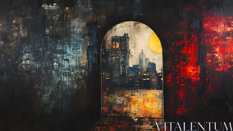 City skyline glows through a moody doorway of shadow and light