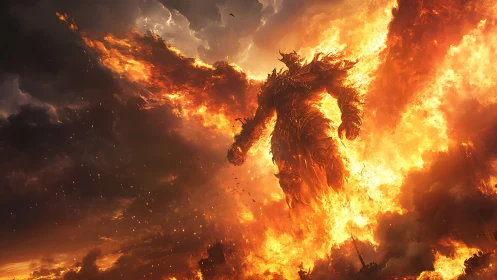 Fiery titan strides through stormlit sky of living embers.