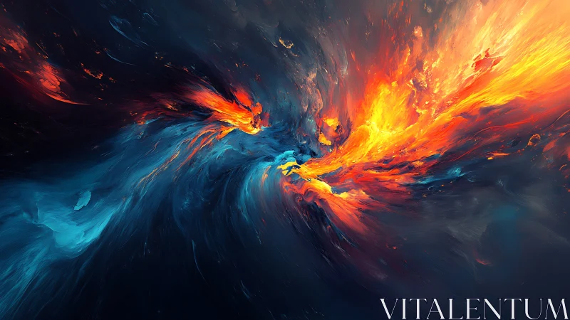 Fiery orange and cool blue energy swirl in a vivid cosmic dance