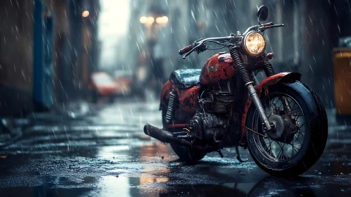 Vintage red motorcycle in rain-soaked urban alley at night