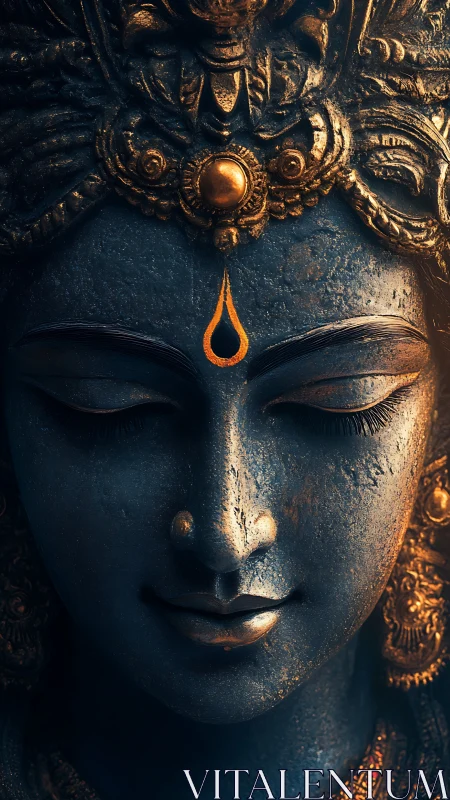 Serene blue goddess statue with golden sacred adornments.