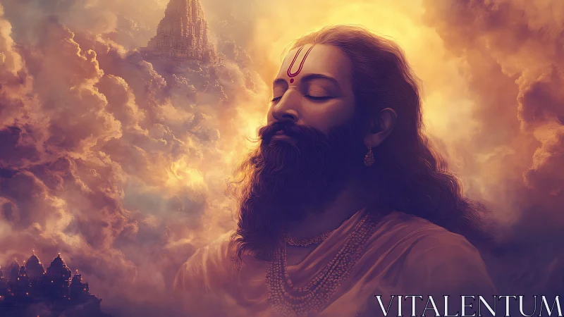 Mystic sage in divine clouds with distant temple vision.