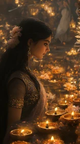 Young woman beside floating oil lamps in evening setting.
