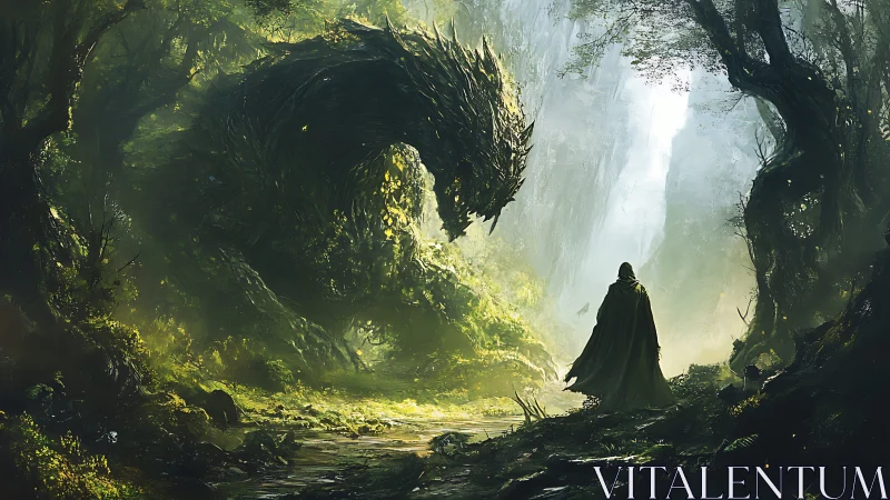 Forest guardian gently greets a lone cloaked wanderer