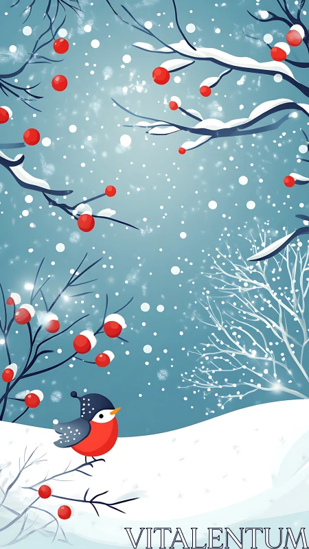 Stylized winter landscape with red bird and berry branches.