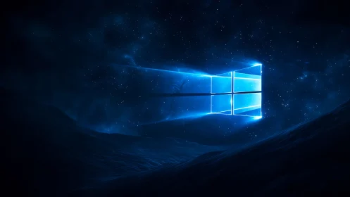 Luminous window logo portal in deep blue interstellar landscape