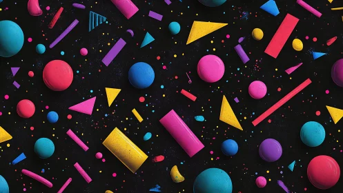 Neon geometric shapes scattered over dark abstract field.