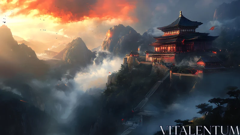 Digital painting of a mountain temple complex at storm-lit sunrise.