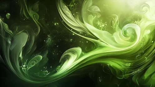 Vivid green abstract energy swirls on dark background.