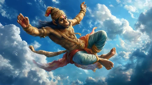 Hanuman soars through radiant clouds in vivid detail.