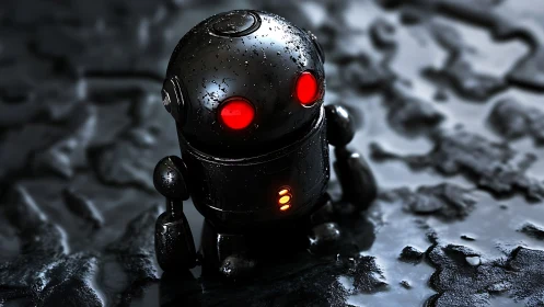Glistening black robot with red eyes on wet metal ground.