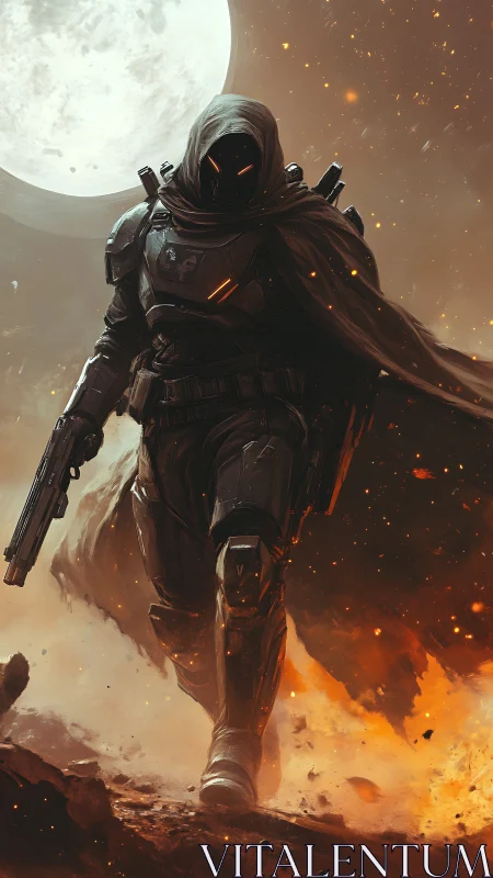 Moonlit cyber hunter striding through embers and ash.