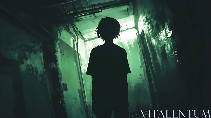 Silhouetted youth in neon green corridor, moody backlighting.