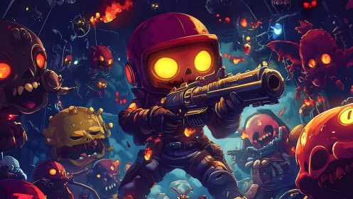 Glow-eyed space ranger battling playful cosmic monsters.