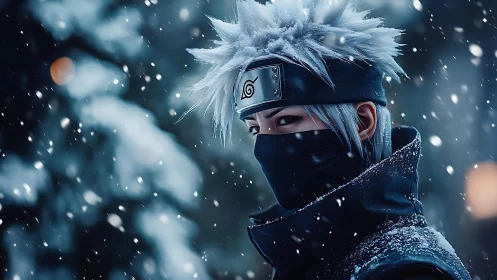 Masked silver haired ninja stands in falling winter snow.