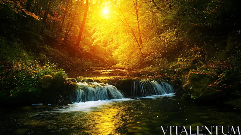 Low cascade forest stream under intense golden backlit sunset glow
