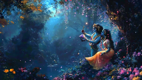 Divine couple share a luminous moment in an enchanted forest.