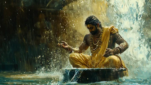 Golden mystic bends cascading water into silent devotion
