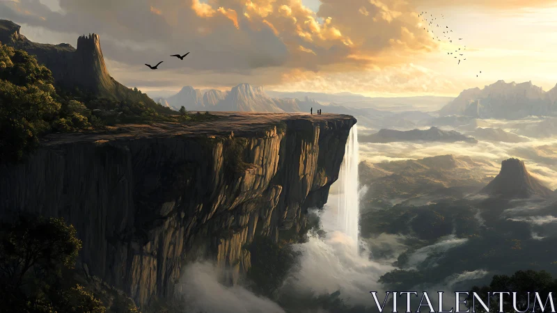 Golden sky welcomes travelers on a towering waterfall cliff