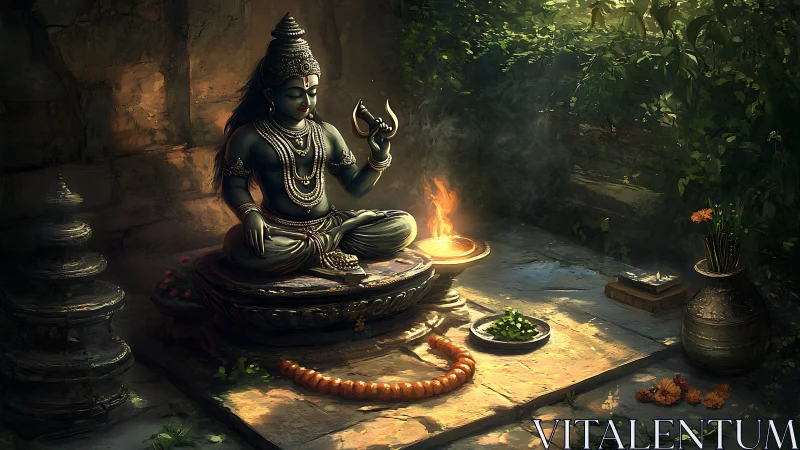 Stone deity statue illuminated by volumetric temple courtyard light