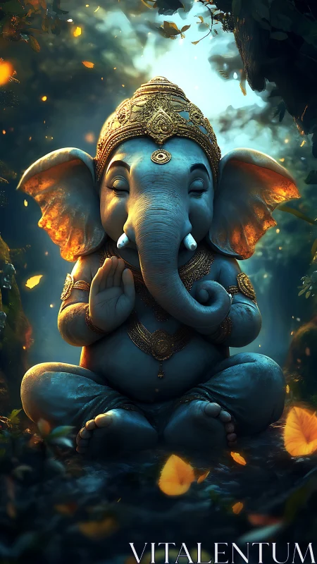 Gentle elephant deity glowing with forest twilight calm.