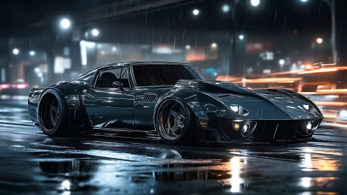 Low-slung modified sports car is parked on wet city street