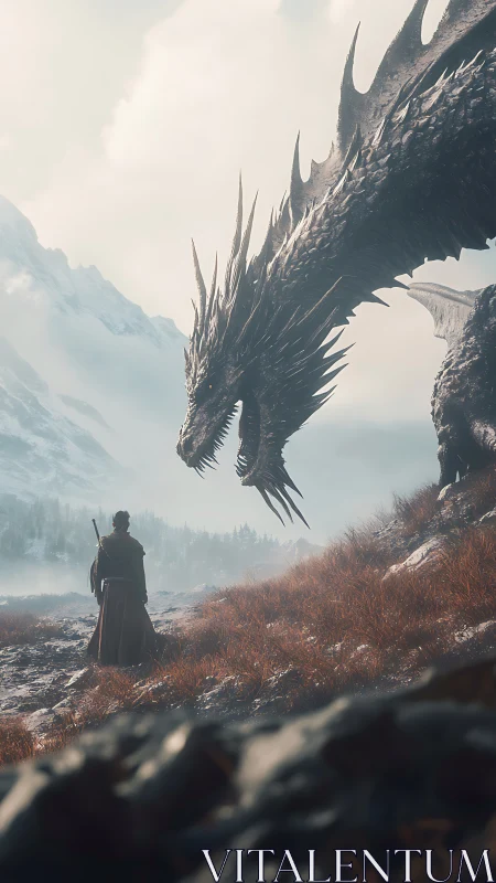 Armored dragon confronts lone warrior in foggy alpine valley