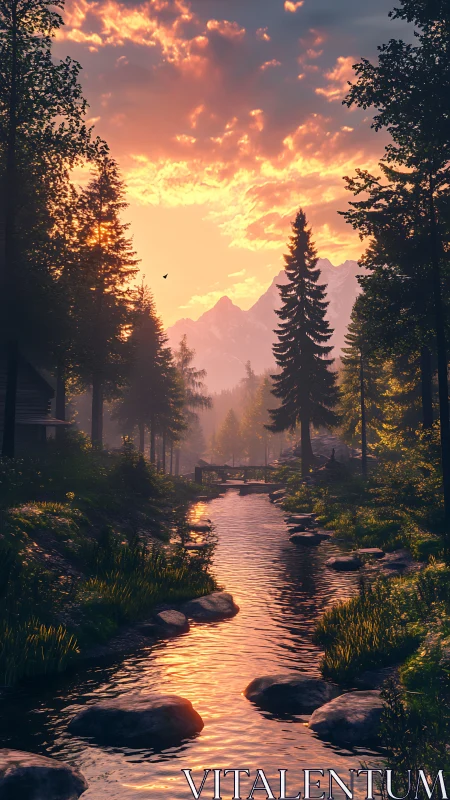 Sunlit forest river reflects blazing alpine sunset glow.