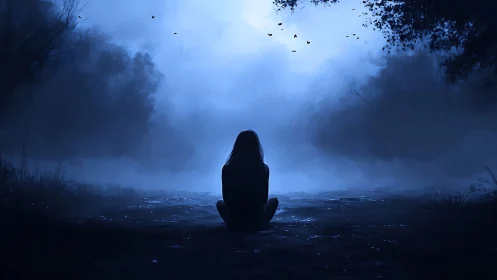 Solitary figure contemplates a misty moonlit forest river.