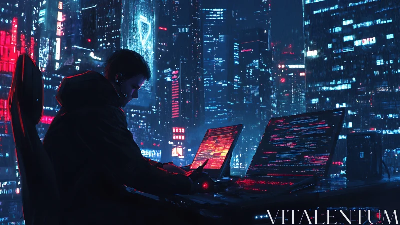 Cyberpunk hacker at multi-monitor desk in neon city night.