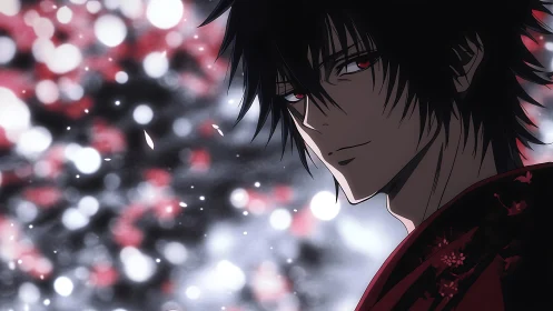 Red-eyed anime antihero in petal-lit bokeh night scene.