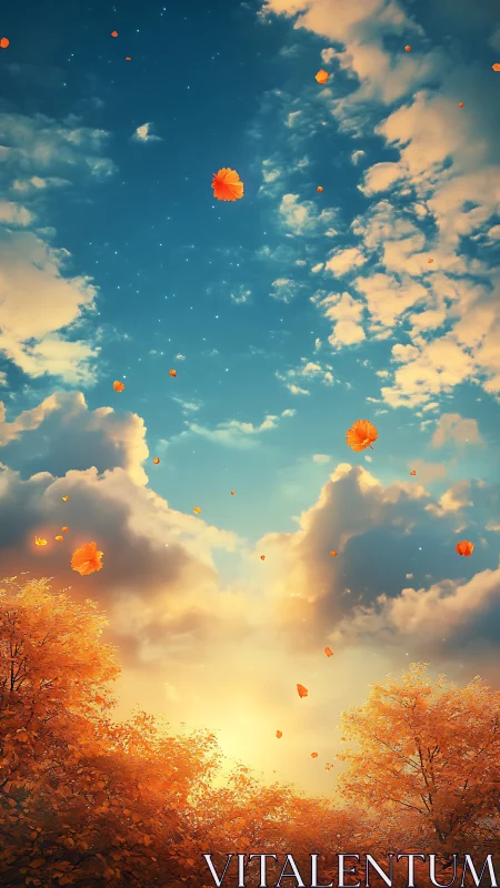 Autumn petals drifting through a sunrise-tinted dream sky.