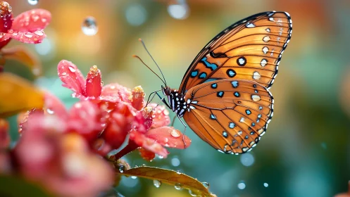 Macro capture of orange butterfly on dewy coral blossoms.