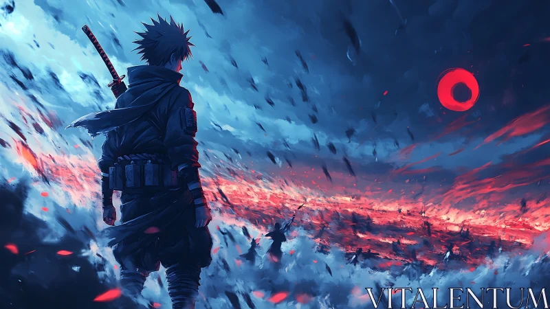 Lone swordsman overlooks fiery battlefield under red sun.