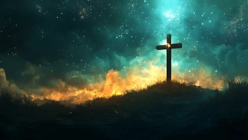 Cross silhouette on hill under luminous star-filled sky.