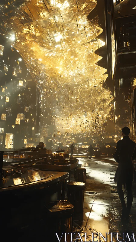 Golden crystalline atrium engulfs a futuristic luxury lounge