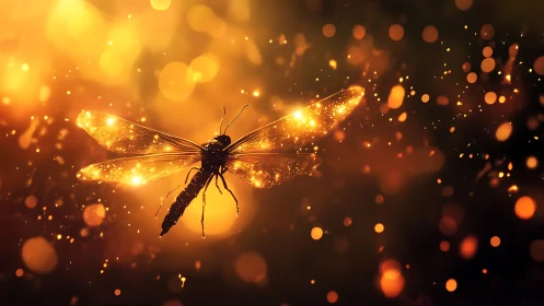 Golden dragonfly drifting through a glittering dusk sky.