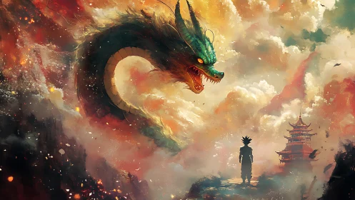 Dragon confronts lone warrior in stormy fantasy sky