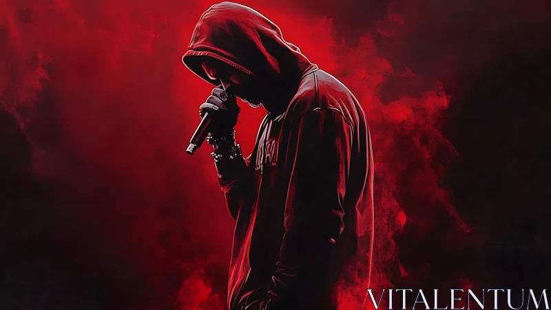 Hooded rapper silhouette holds microphone in red smoke