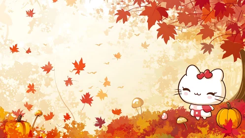 Cute chibi cat in stylized autumn forest composition